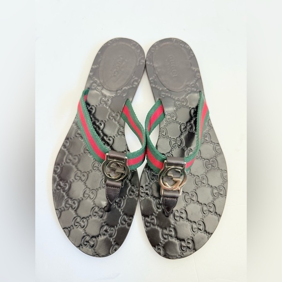 Gucci Black Leather Lifford interlocking GG web Thong Fabric flat sandals EU 40 - Picture 1 of 10